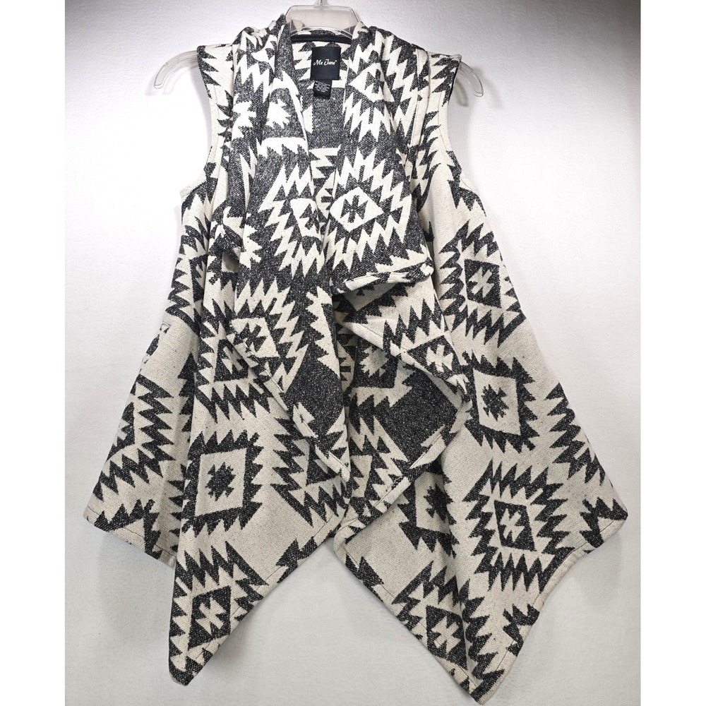 Me Jane Womens Black White Southwestern Geometric Wool Blend Waterfall Vest L